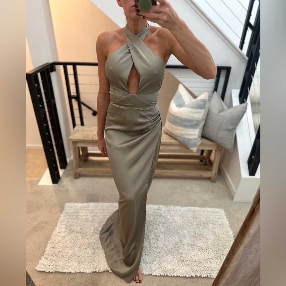 Show Me Your Mumu Adele Halter Maxi Dress Moss Green Satin | Size S - Picture 3 of 17